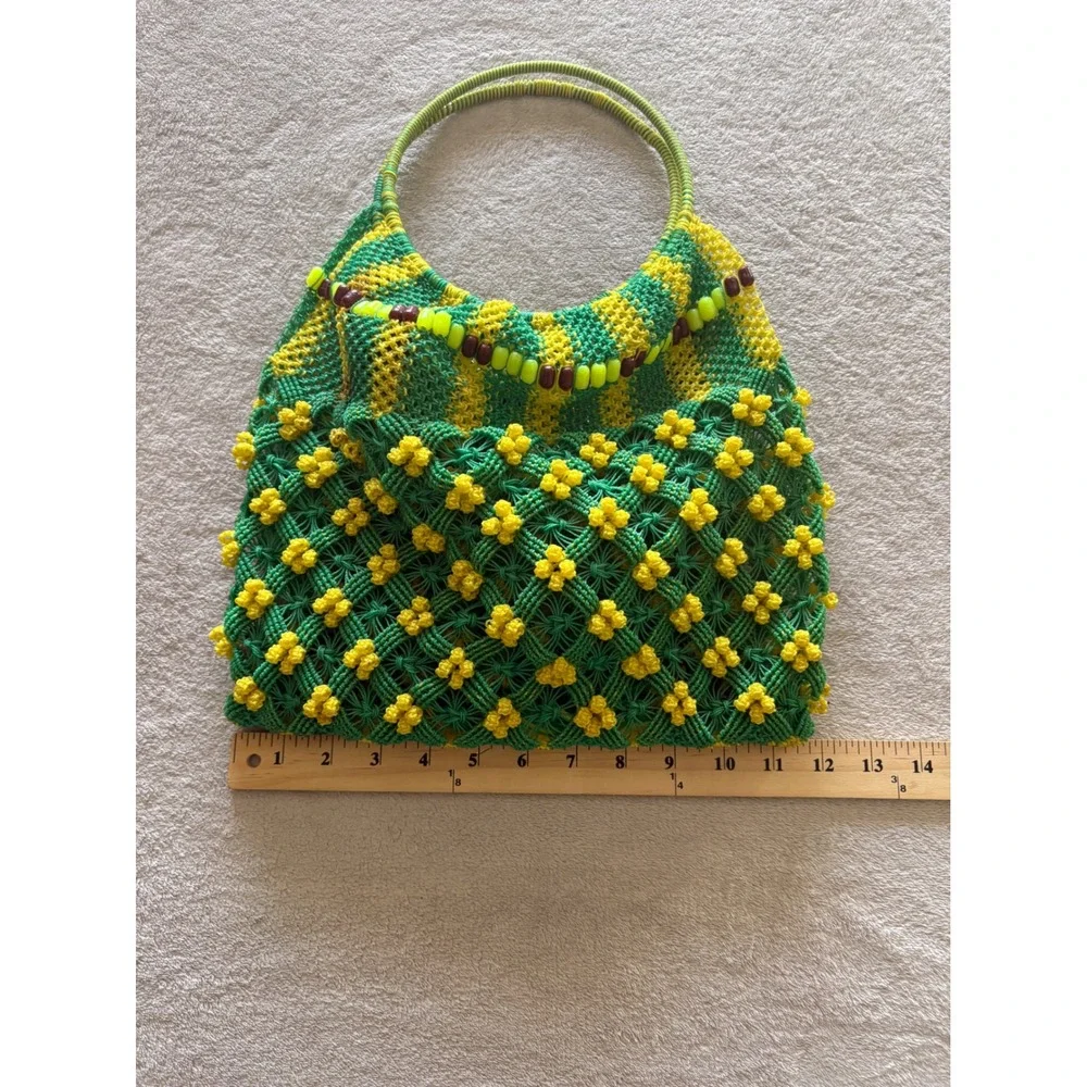 Handmade‎ Macrame Beaded Tote Bag Unique Design Green Yellow - Picture 5 of 6